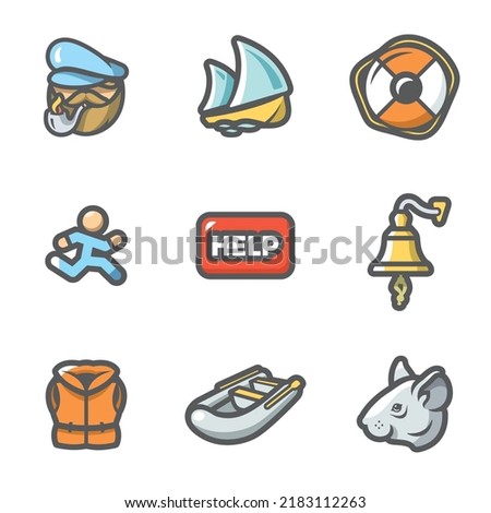 Vector Set of Shipwreck Icons. Captain, Ship, Rescue, Escape, Help, Distress, Tocsin, Life jacket, Evacuation, Rat.