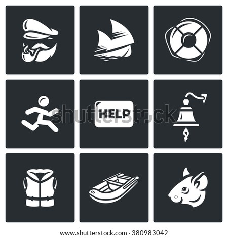 Vector Set of Shipwreck Icons. Captain, Ship, Rescue, Escape, Help, Distress, Tocsin, Life jacket, Evacuation, Rat.