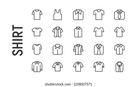 Vector set of shirt thin line icons. Design of 20 stroke pictograms. Signs of shirt isolated on a white background.