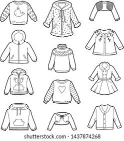 Vector set of shirts, black and white collection of cartoon sweaters, jumpers and coats