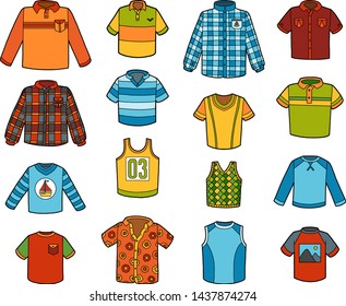 Vector set of shirts, color collection of cartoon clothes