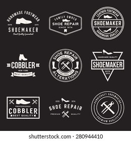 vector set of shoemaker and shoe repair labels, badges and design elements with grunge textures