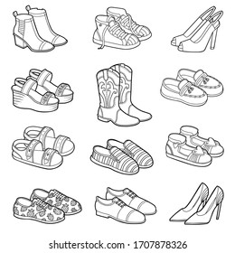 Vector set of shoes, black and white collection of cartoon clothes and accessories