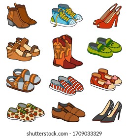 Vector set of shoes, color collection of cartoon clothes and accessories