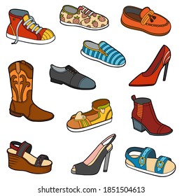 Vector set of shoes, color collection of cartoon clothes and accessories