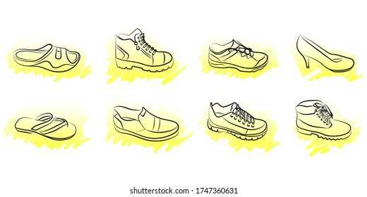 vector set of shoes, slippers, women's and men's shoes, boots, sneakers, trainers