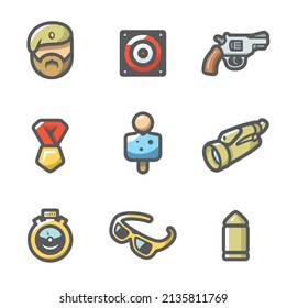 Vector Set Of Shooting Range Icons. Soldier, Shoot, Weapon, Award, Mannequin, Observation, Speed, Arsenal, Safety.