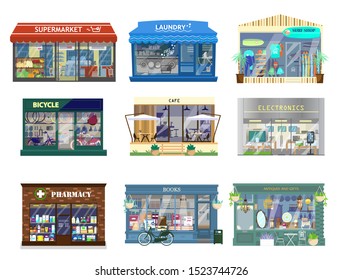 Conjunto de vetores de edifícios comerciais. Supermercado, lavanderia, loja de surf, bicicletas, café, eletrônicos, farmácia, livros, antiguidades e presentes. Vitrine da loja. Ilustração plana.