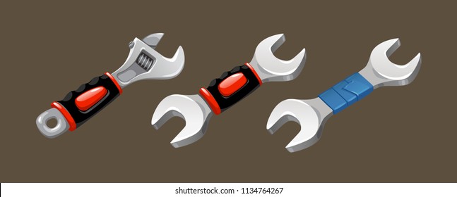 vector set of shop tools, advertising tools, banner tools, spanners, socket wrench, adjustable wrench, key with red handle, horn wrench,