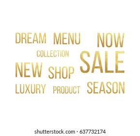 Vector set of shopping and advertising elements - sale, new collection and other phrases cutout of golden foil isolated on white