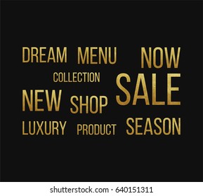 Vector set of shopping and advertising elements - sale, new collection and other phrases cutout of golden foil isolated on black