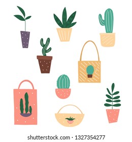 Vector set shopping bag and home plants illustration