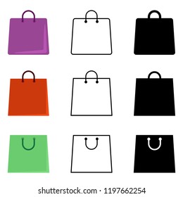 Vector Set of Shopping Bag Icons. Flat, Outline and Black Silhouette Pictogram