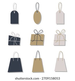 Vektor-Set von Einkaufstaschen, Geschenkboxen, Logos und Preisschildern im flachen Stil.