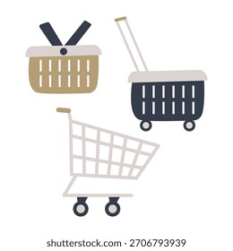Vector set of shopping carts and baskets in a supermarket in a flat style.