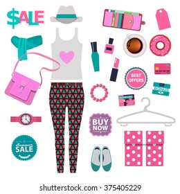 vector set of shopping in city
