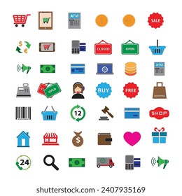 vector set of shopping icons. Collection of shop basket illustration signs. Shop package symbol. Shopping logo