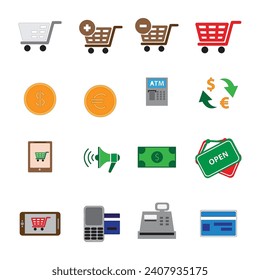 conjunto vectorial de iconos de compras. Colección de carteles de ilustración de cesta de tiendas. Compra el símbolo del paquete. Logotipo de compra