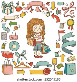 Vector set of shopping items, girl with shopping bags