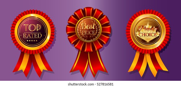 Vector set of shopping items: realistic fabric red and gold awards ribbon "Best choice", "Top Rated", "Peopleâ??s choice" 