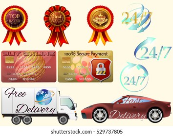 Vector set of shopping items:  realistic red and gold awards ribbon "Best and Peopleâ??s choice", "Top Rated ; Credit Cards - Safe Payment, 247 Badges, Truck "Free delivery"; Sport Car  "Fast delivery"