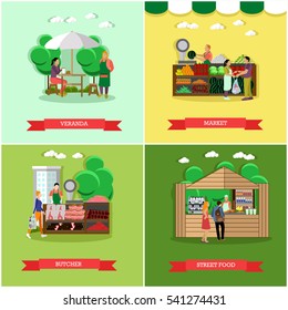 Vector set of shopping market posters, banners in flat style. Veranda, market, butcher, street food design elements in flat style. People selling and buying food.