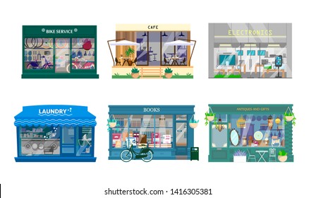 Vector set of shops exteriors. Bycicle service, cafe, laundry, books shop, antiques and gifts shop, electronics. Flat cartoon style. Store fronts.