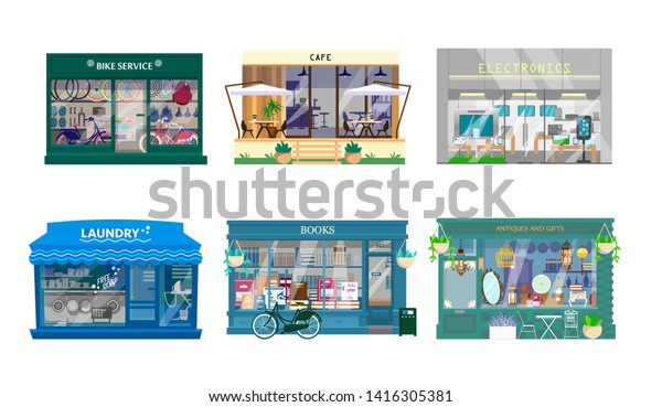 Vector set of shops exteriors. Bycicle service,\
cafe, laundry, books shop, antiques and gifts shop, electronics.\
Flat cartoon style. Store\
fronts.