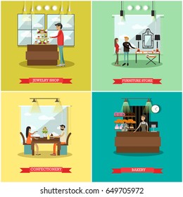 Vector set of shops square posters. Jewelry shop, Furniture store, Confectionery and Bakery flat style design elements.