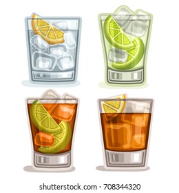 Vector set of short Drinks: 4 glasses with alcohol cocktail gin tonic, caipirinha or mojito drink, cuba libre, old fashioned or long island iced tea cocktails, whiskey with ice cubes, fizzy lemonade.