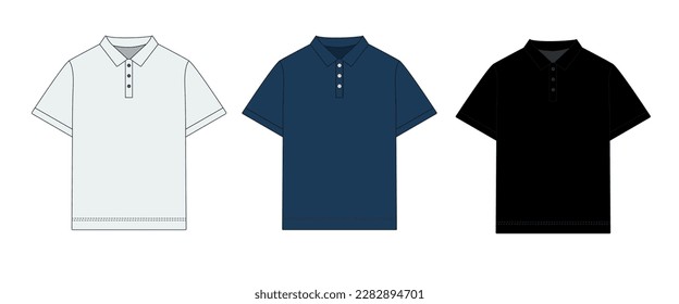 Vector set of short sleeve polo shirt in blue, white, black colors. Polo t-shirt template with collar and button closure, vector. Sketch classic polo shirt with three buttons, short sleeves.