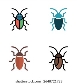 Vector set showcases four distinct cockroach icons, each with a unique color scheme, clearly isolated against a pure white background for versatile use in various projects.
