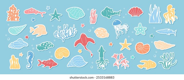 A vector set showcasing ocean life with colorful marine creatures. Ideal for underwater themed illustrations featuring fish, anemones, and various aquatic species.