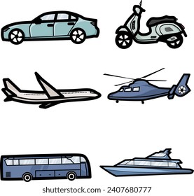 Vector set showing cars, motorbikes, buses, planes, helicopters and ships.