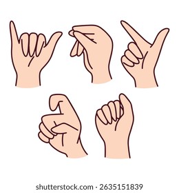 Vector set showing Chinese finger signs for numbers 6 through 10, including thumb-pinky and closed fist gestures. Cultural counting method used in Mandarin