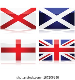 Vector set showing the flags used as a basis for the Union Jack: St George for England, St Andrew for Scotland and St Patrick for Ireland