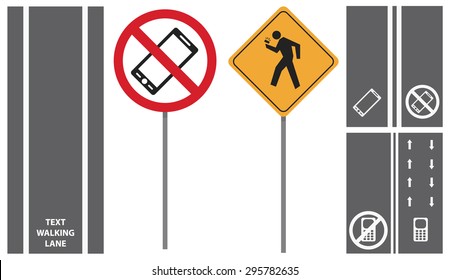vector set shows road traffic pedestrian signs. first mobile phone sidewalks lane