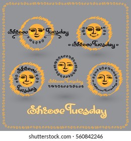 Vector set of Shrove Tuesday or Shrovetide labels with sun,  handwritten words and abstract decorative elements isolated on a grey background.