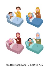 
vector set of sick and bedridden children in various ethnicities