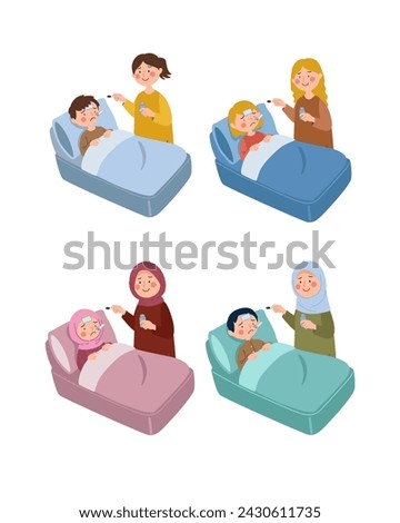 
vector set of sick and bedridden children in various ethnicities