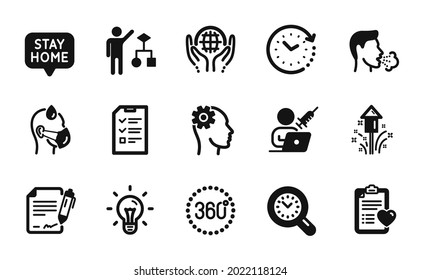 Vector set of Sick man, Idea and Interview icons simple set. Time change, Time management and Fireworks icons. Stay home, 360 degrees and Signing document signs. Sick man simple web symbol. Vector