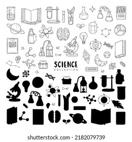 Vector Set Of Sience And Education Elements, Outlines And Silhouettes Isolated On White. Biology, Chemistry, Physics. Back To Shcool Collection. Laboratory Items. Medecine And Innovation. 