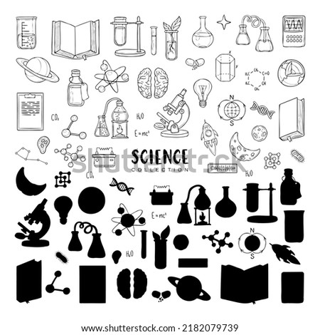 Vector set of sience and education elements, outlines and silhouettes isolated on white. Biology, chemistry, physics. Back to shcool collection. Laboratory items. Medecine and innovation. 