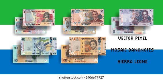 Vector set of Sierra Leone pixel mosaic banknotes. Collection of notes in denominations of 1, 2, 5, 10 and 20 leones. Obverse and reverse. Play money or flyers.