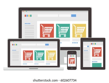 Vector set : The sign "online shopping" (Gadgets - laptop, desktop computer, smart phone, tablet)