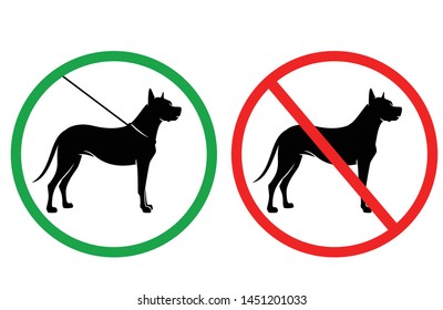 vector set of signage for pet owners - dogs allowed when on leash and forbidden to run free