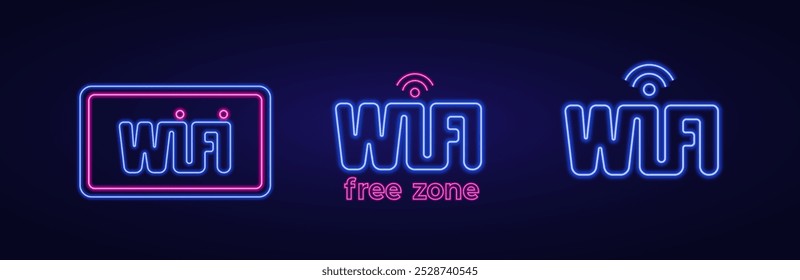 Conjunto vetorial de sinais de sinal wifi efeito néon. Efeito totalmente vetorial sem efeitos raster