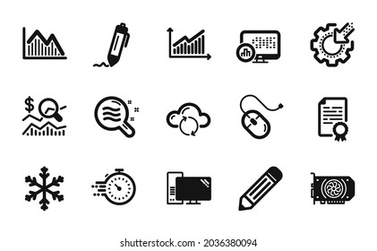 Vector set of Signature, Graph and Computer icons simple set. Cloud sync, Report statistics and Certificate diploma icons. Computer mouse, Timer and Seo gear signs. Signature simple web symbol. Vector