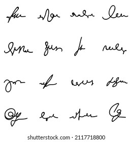 Vector set of signatures on a white background. Hand writing ink icons for design, business, calligraphy, lettering, layout, documents, symbols, doodles and other graphics