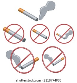 Conjunto vectorial de señales contra el tabaco. Cigarrillo con humo en 3d